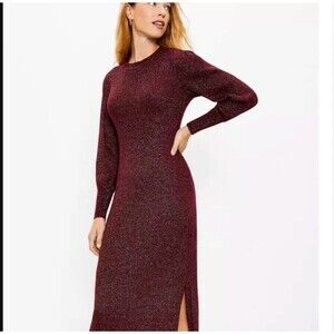 LOFT Midi S Shimmer Burgundy Red Sparkle Sweater Dress Christmas